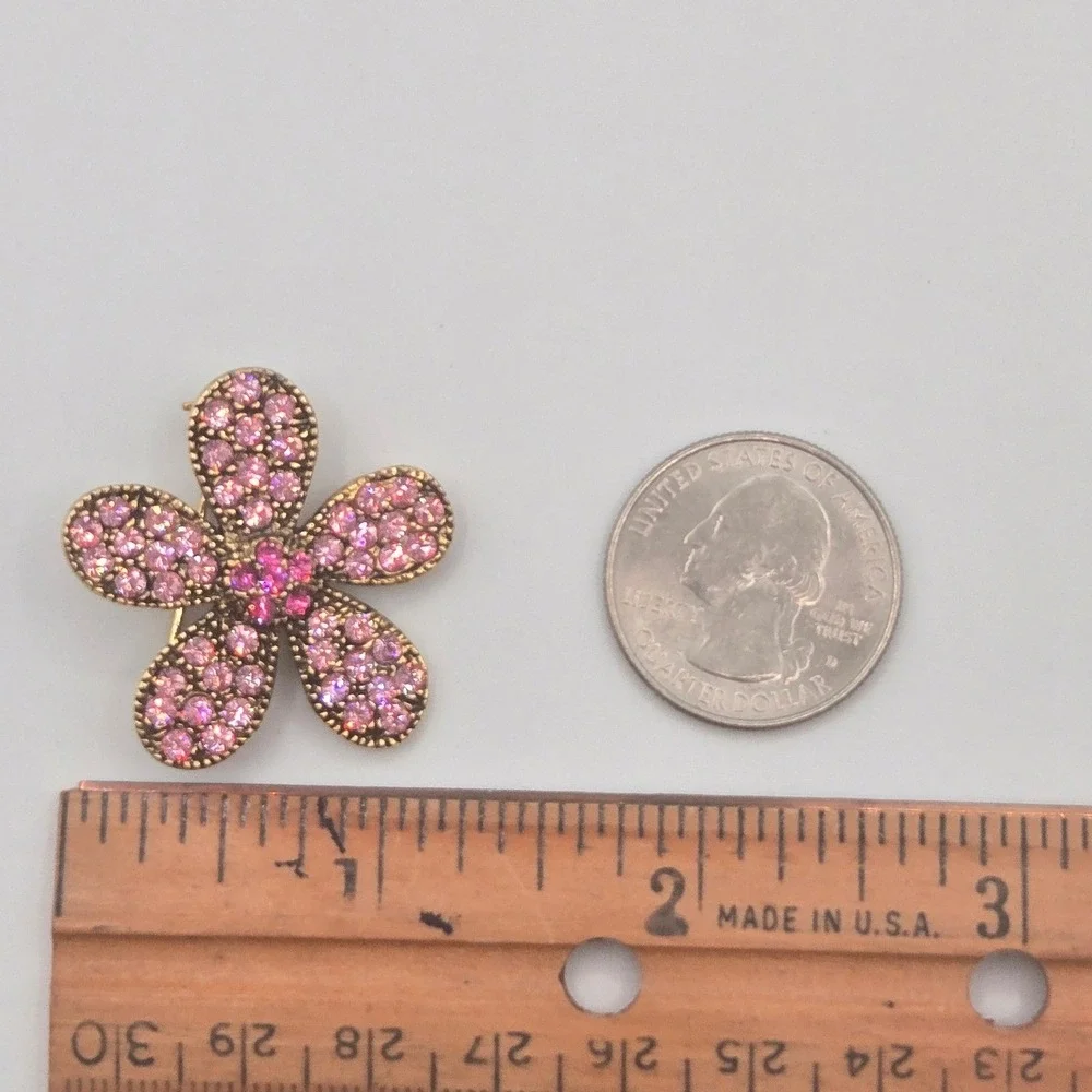Vintage Rhinestone Brooch Set of‎ 2 Gold Tone Pink Heart Floral Butterfly Pins